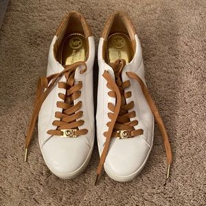 Micheal Kors women’s sneakers white and brown/tan with gold accents